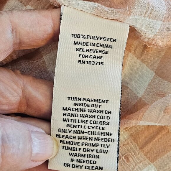 Nanette Lepore Size Small Tie V-Neck Soft Gingham Peach Swiss Dot L/S Blouse - Picture 10 of 13